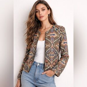 Zara Beaded Ikat Zip Jacket Boho Statement Piece Size Small